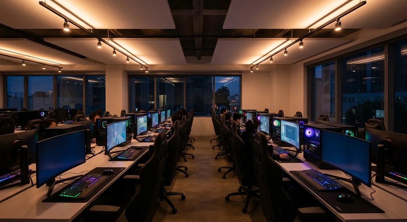 Rows of high-end gaming stations with RGB keyboards and large monitors inside Cyber City Esports Center on Wilshire Boulevard