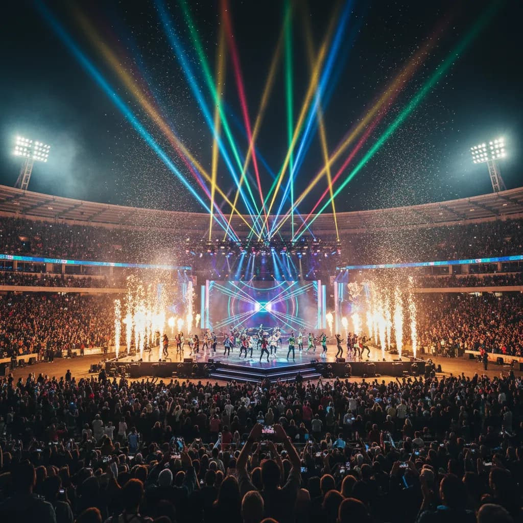 A spectacular World Cup 2026 ceremony stage with colorful lights and pyrotechnics