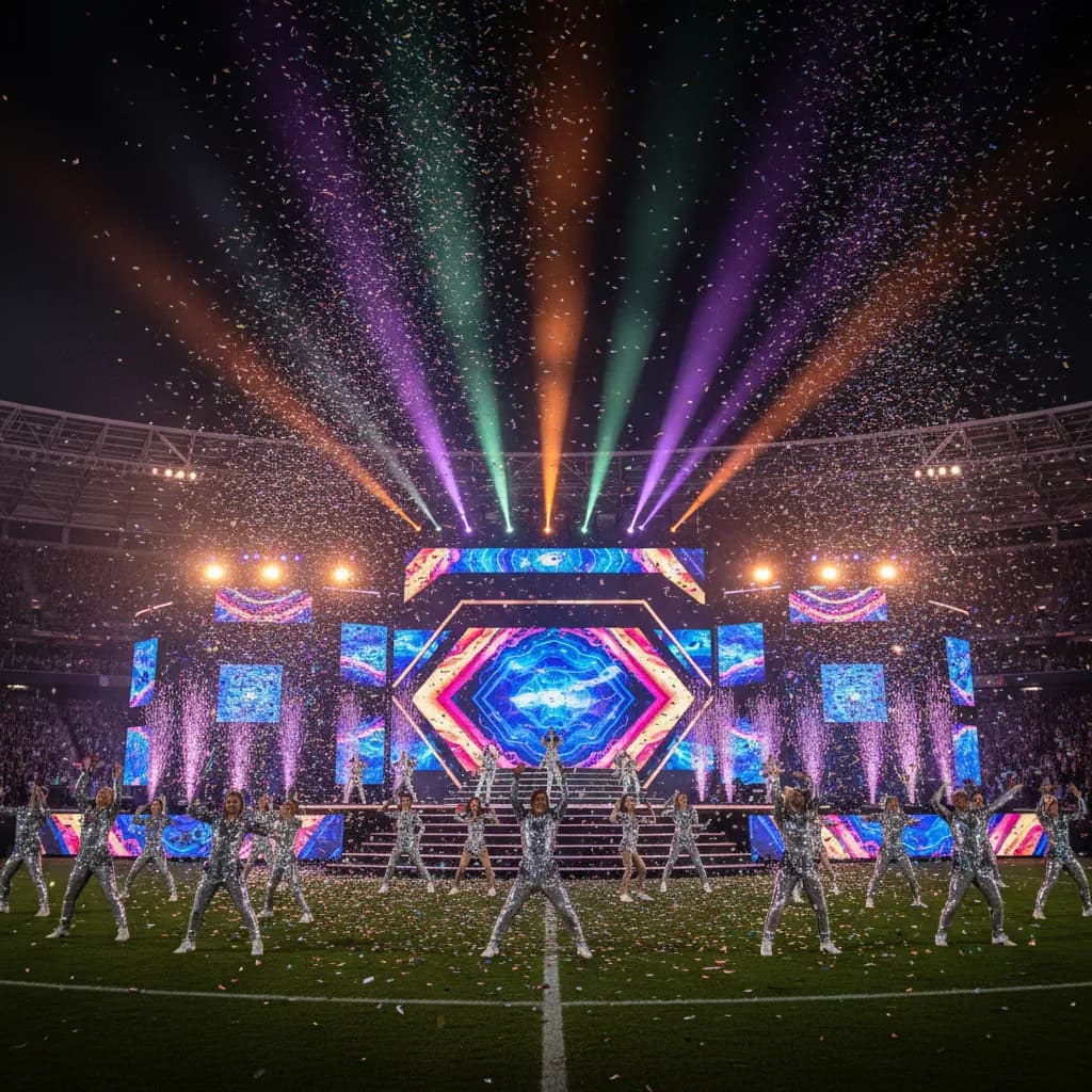 A stadium crowd holding glowing lights during a nighttime ceremony