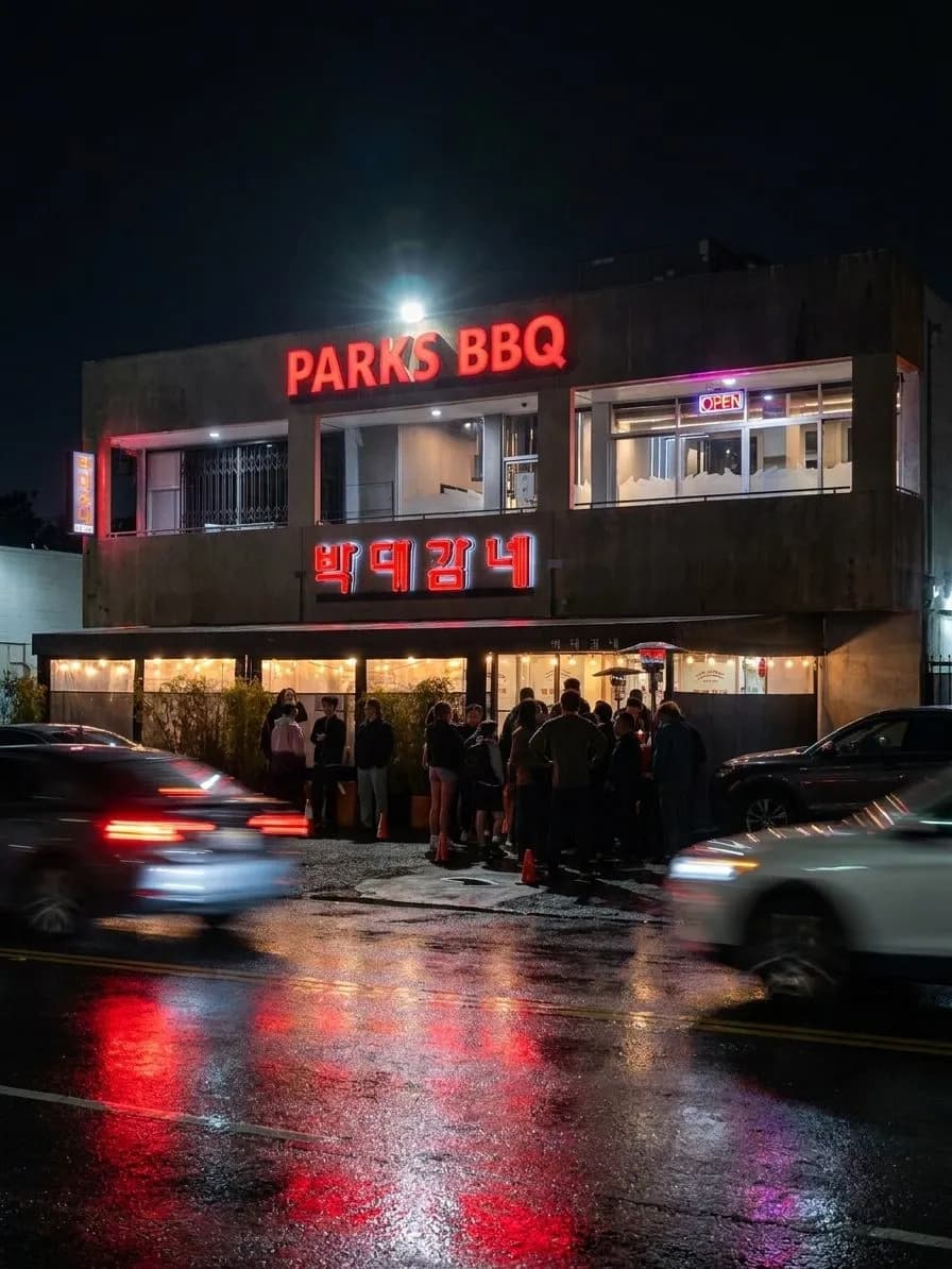 Neon-lit Koreatown barbecue storefront after dark