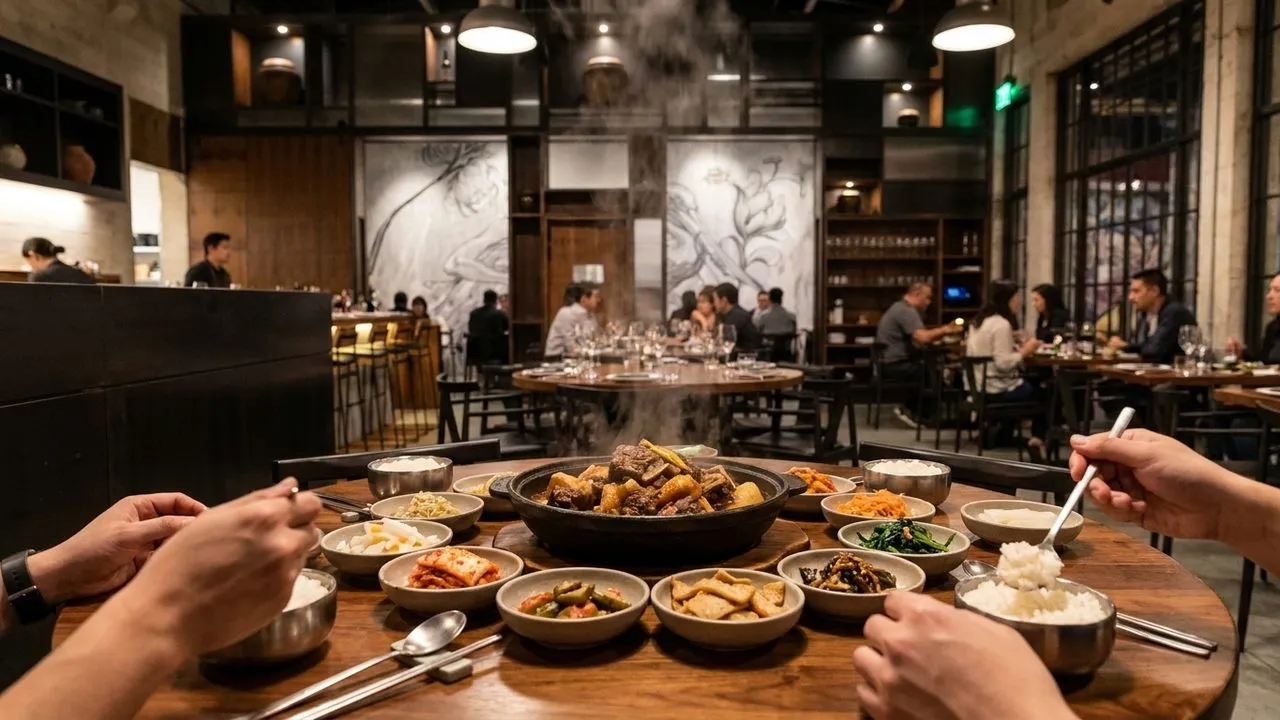 Steaming Korean braise and banchan on a crowded table