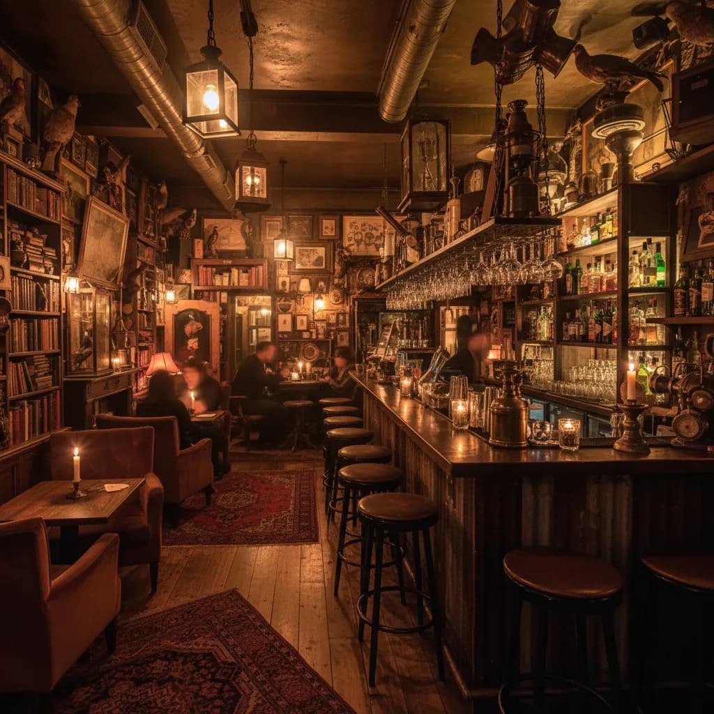 A quirky, atmospheric hidden bar or curiosity-filled interior