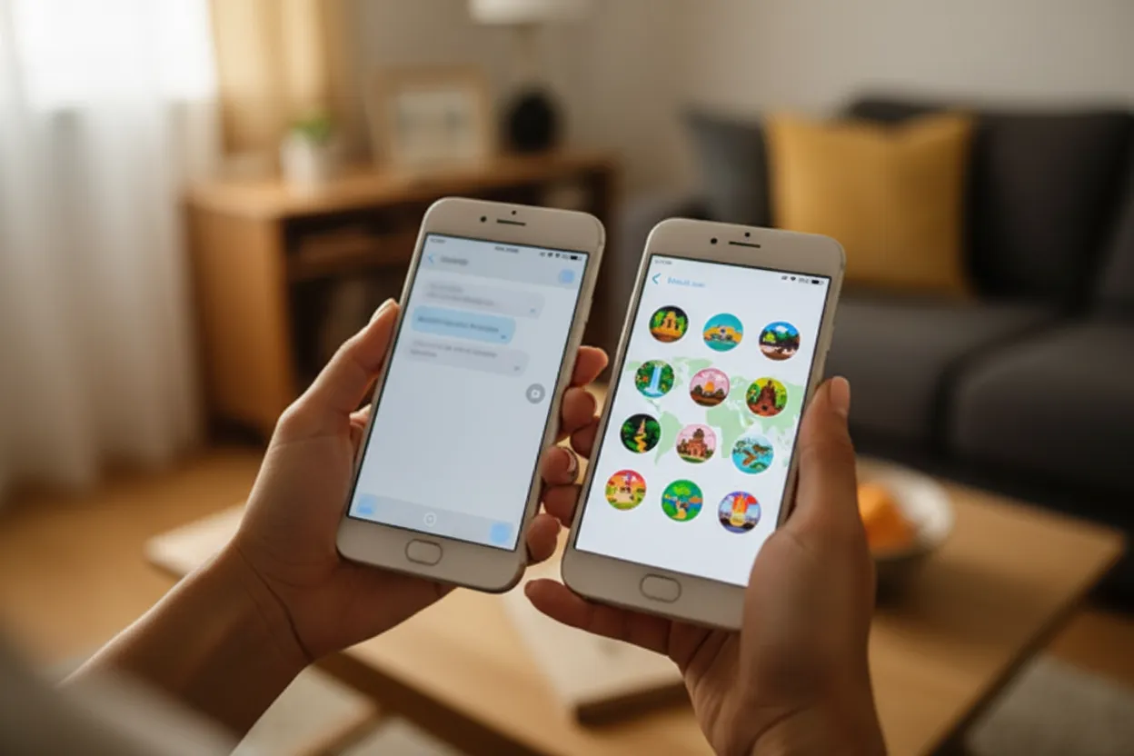 Two-product comparison at home: a phone showing blue chat bubbles beside a phone showing a global catalog of curious places