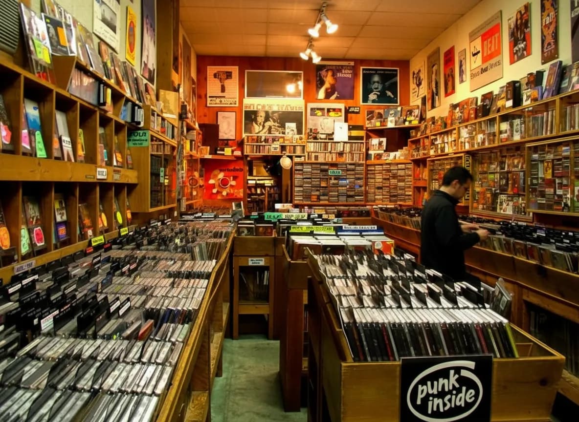A cozy record shop with crates of vinyl and warm light