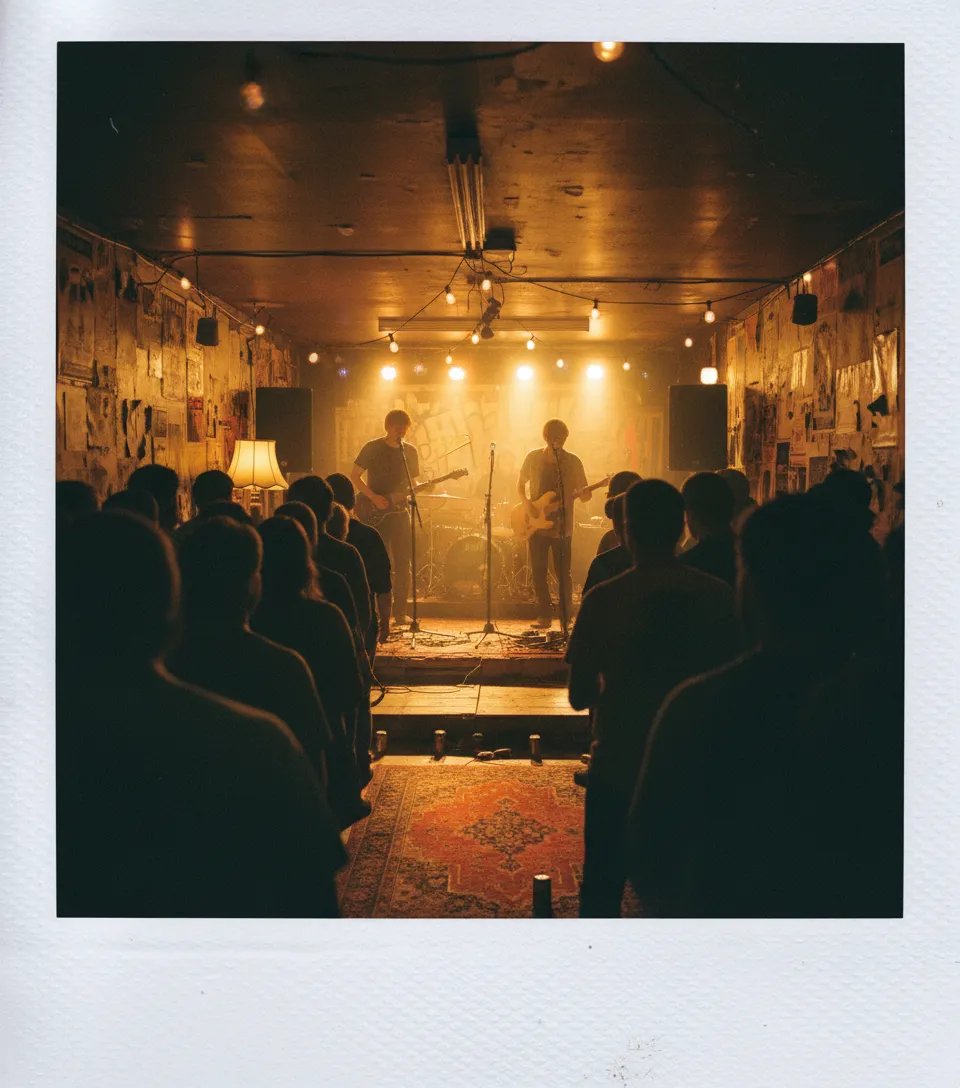 An intimate DIY music room with a close crowd and warm stage light