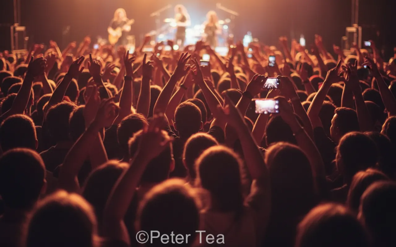 A close crowd at an intimate live gig under warm stage light