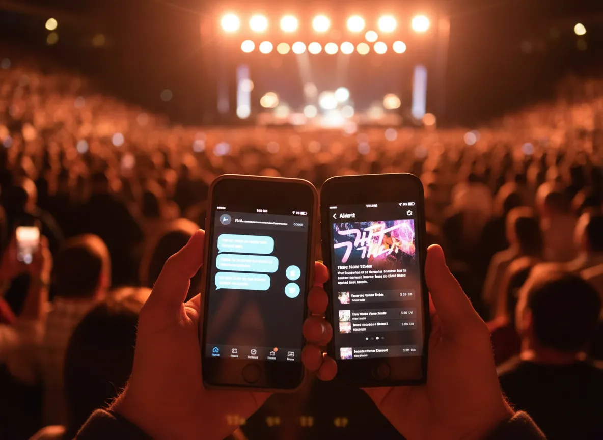 Two-product comparison at a show: a phone showing blue chat bubbles beside a phone showing an artist tour-date alert
