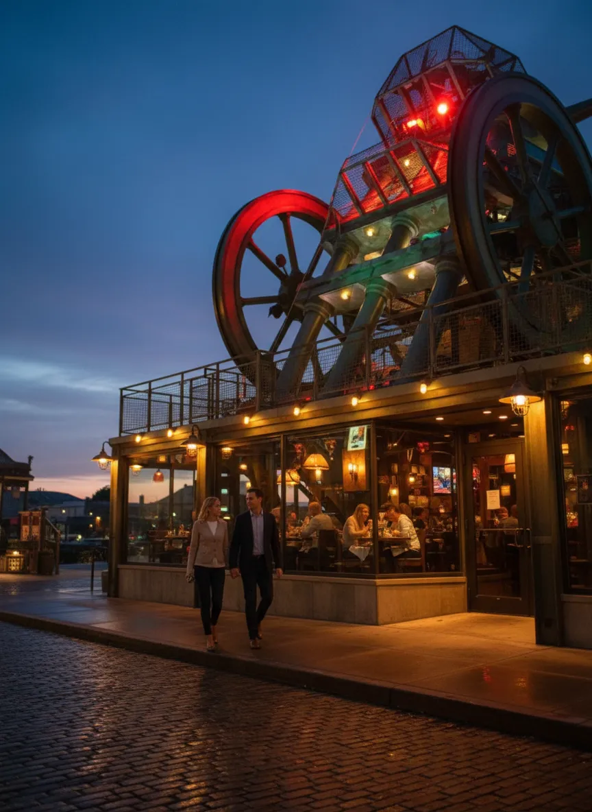 A neighborhood restaurant storefront glowing at dusk