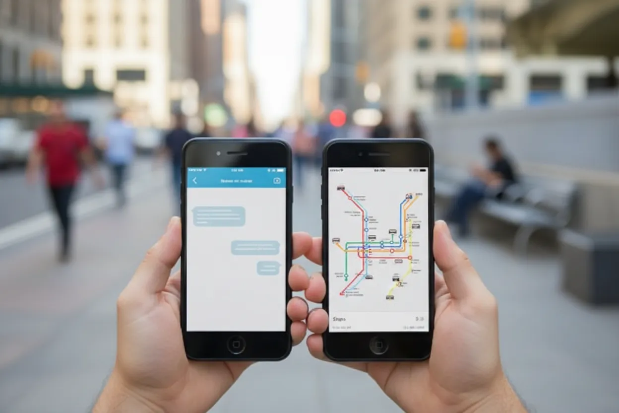 Two-product comparison on the go: a phone showing blue chat bubbles beside a phone showing a transit route with train lines