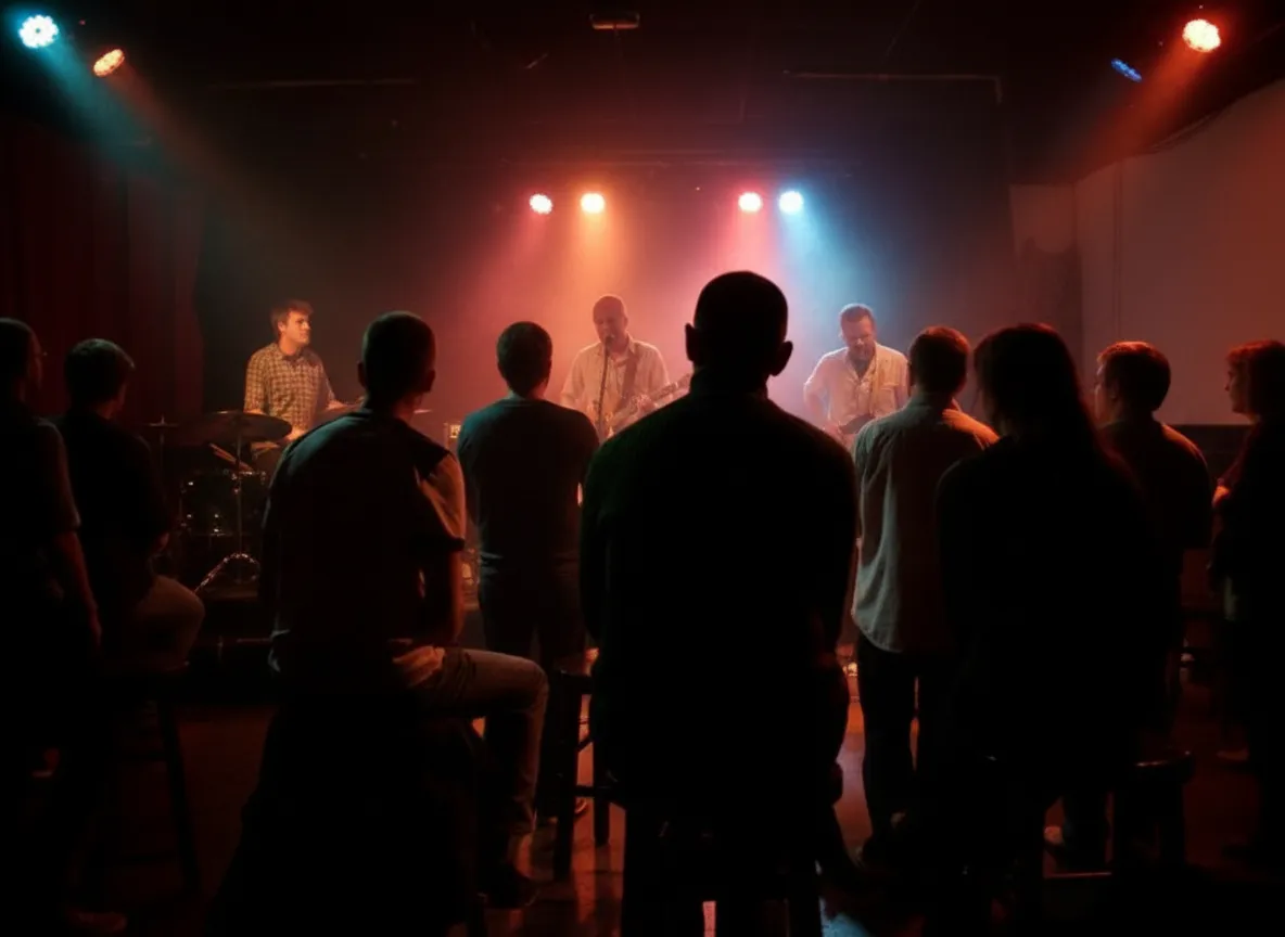 An intimate live-music room glowing with colored stage light and a close crowd