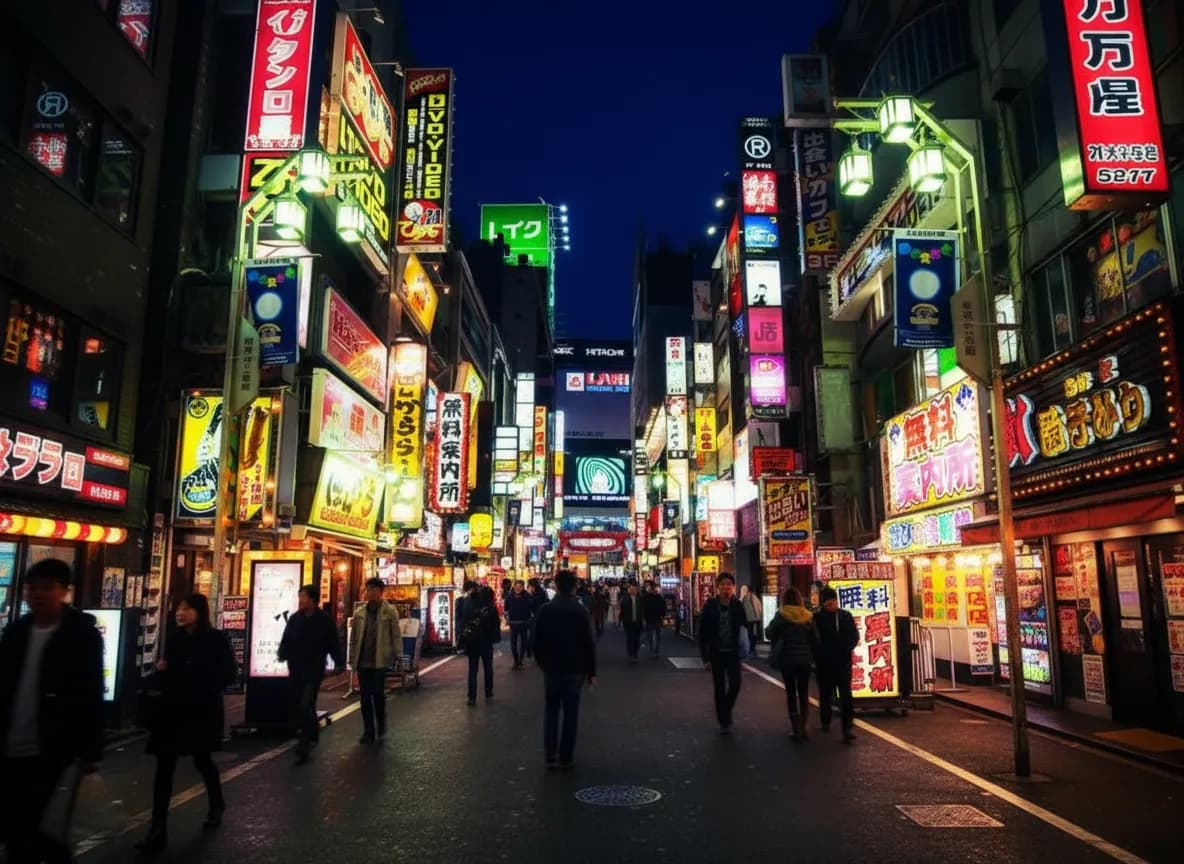 A neon-lit nightlife street with people out after dark