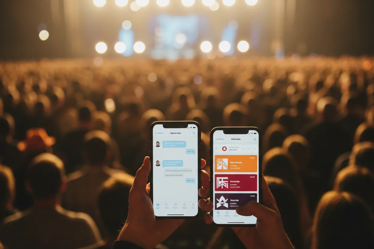 Two-product comparison at a music venue: a phone showing blue chat bubbles beside a phone showing a list of tonight's gig tickets
