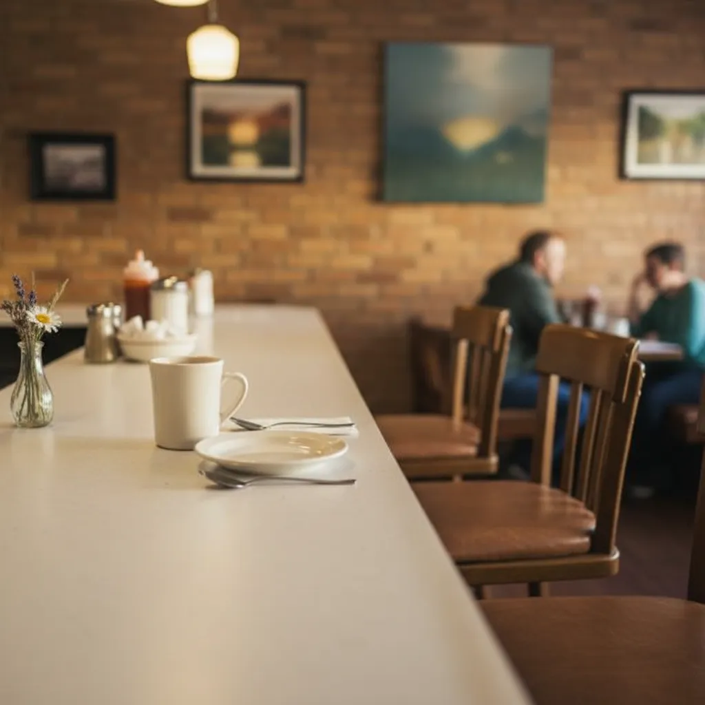 A quiet neighborhood counter with a couple of seats and warm light
