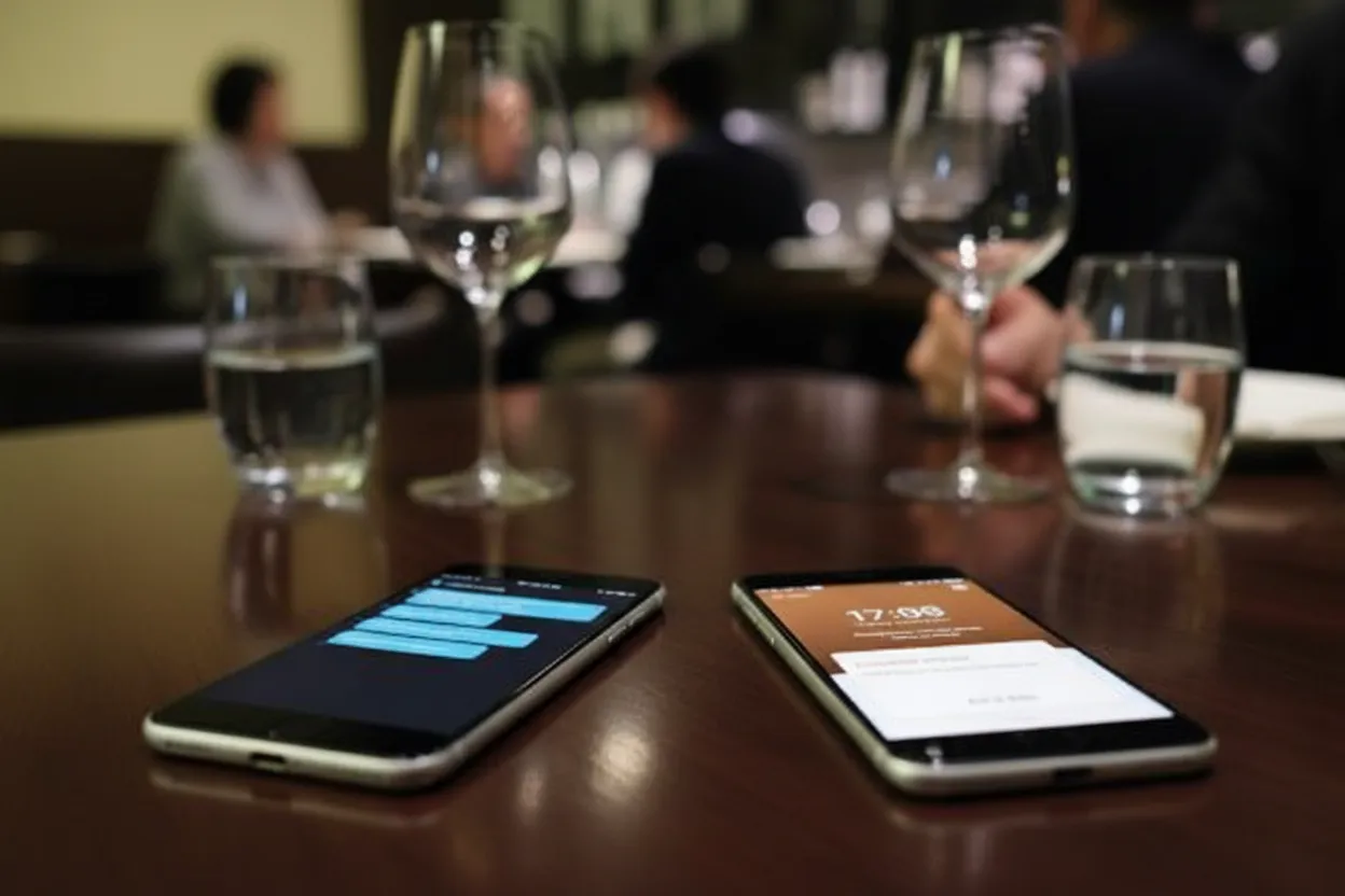 Two-product comparison at a chic table: a phone showing blue chat bubbles beside a phone showing a prime-reservations app with a spend minimum