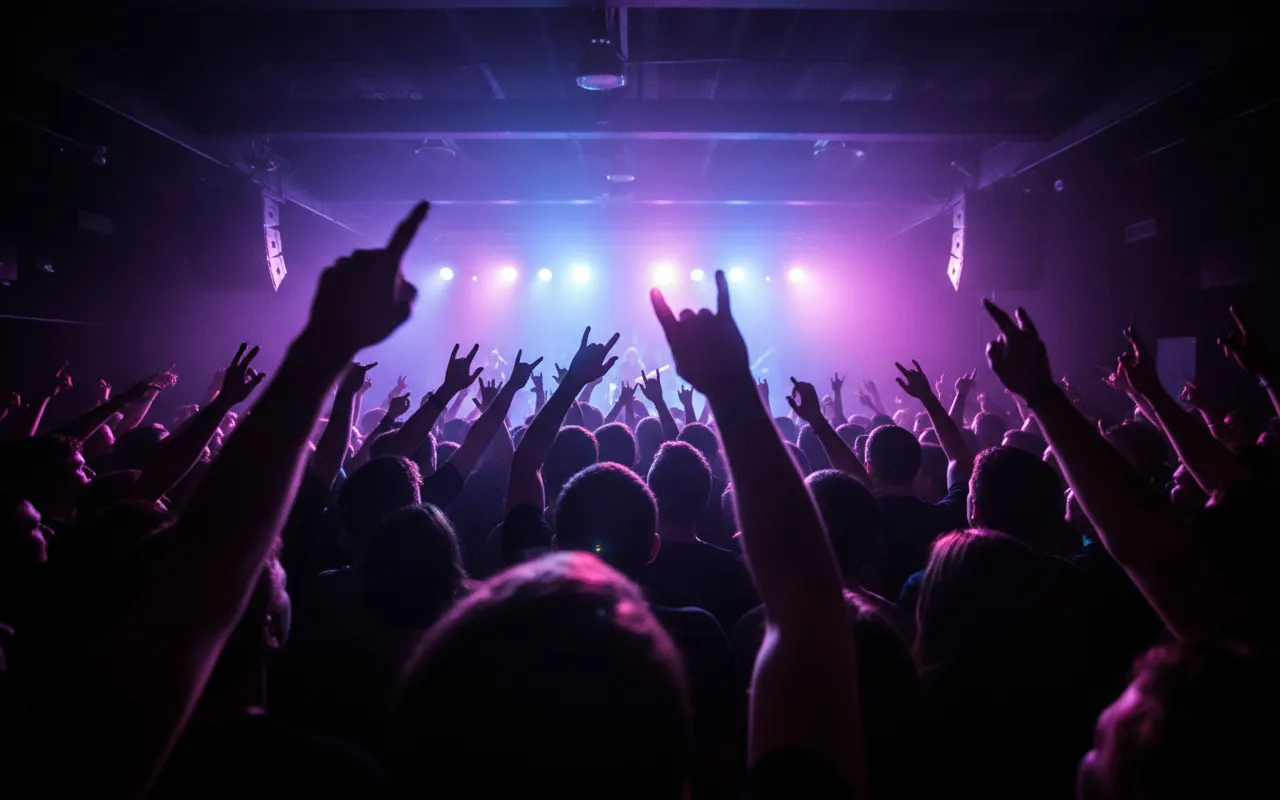 A packed live-music crowd bathed in stage light