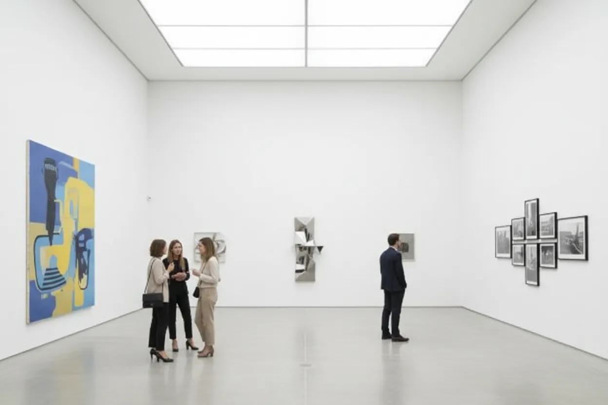 Visitors moving through a bright contemporary art gallery