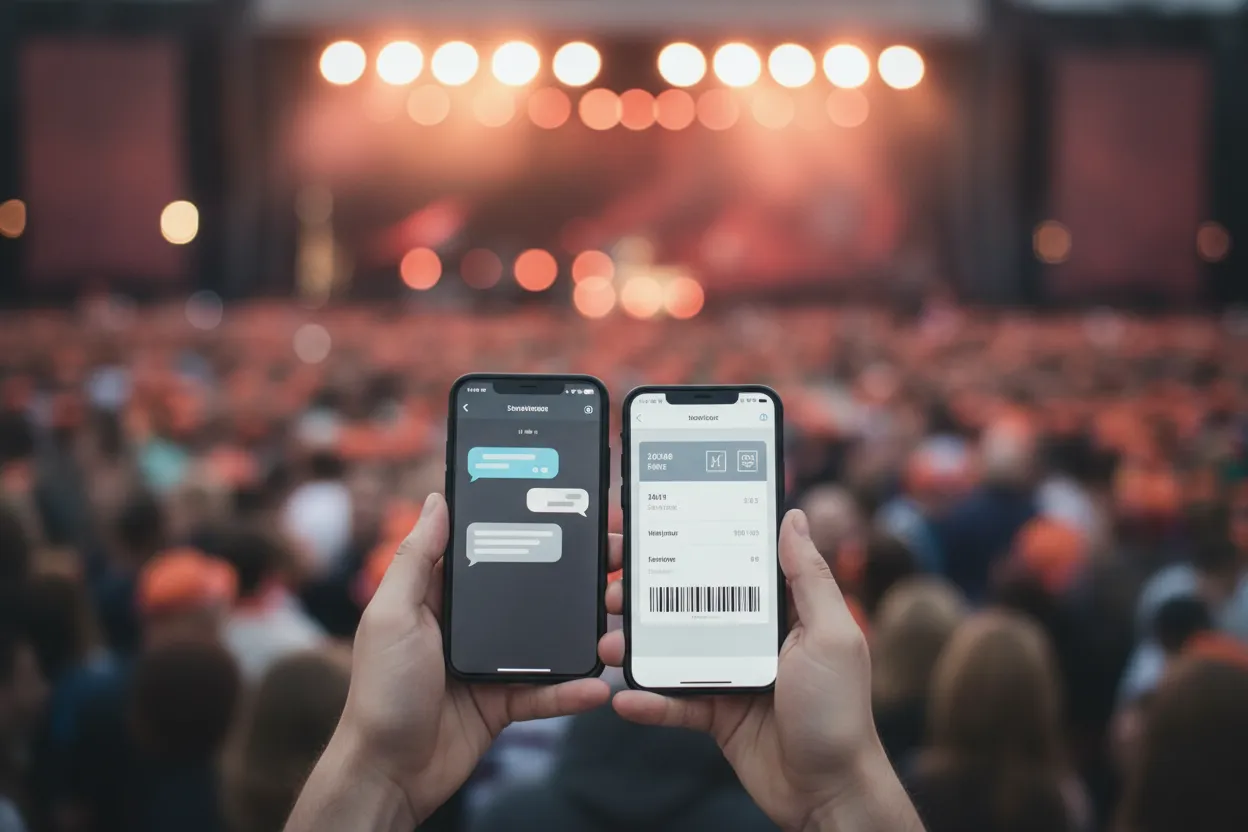 Two-product comparison at a live venue: a phone showing blue chat bubbles beside a phone showing an event ticket listing