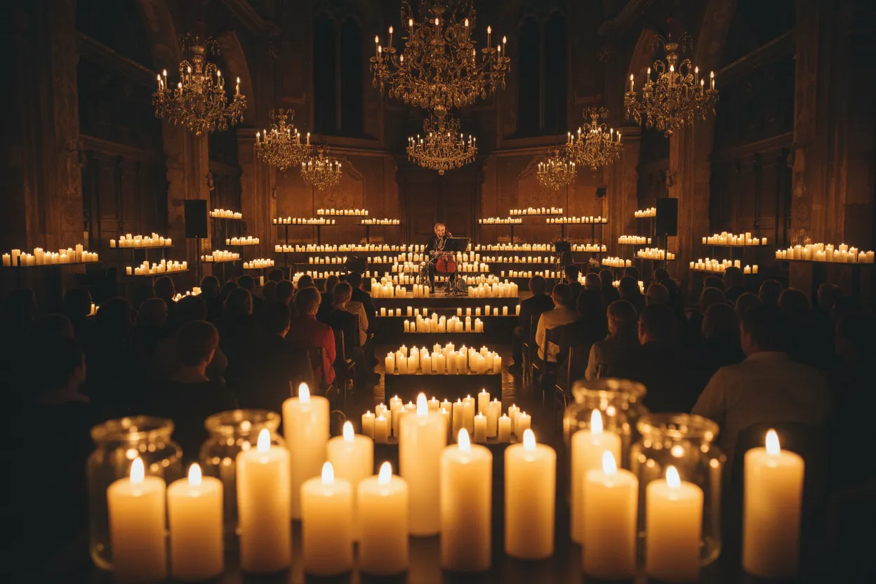 A candlelit immersive concert in a warm-glowing room