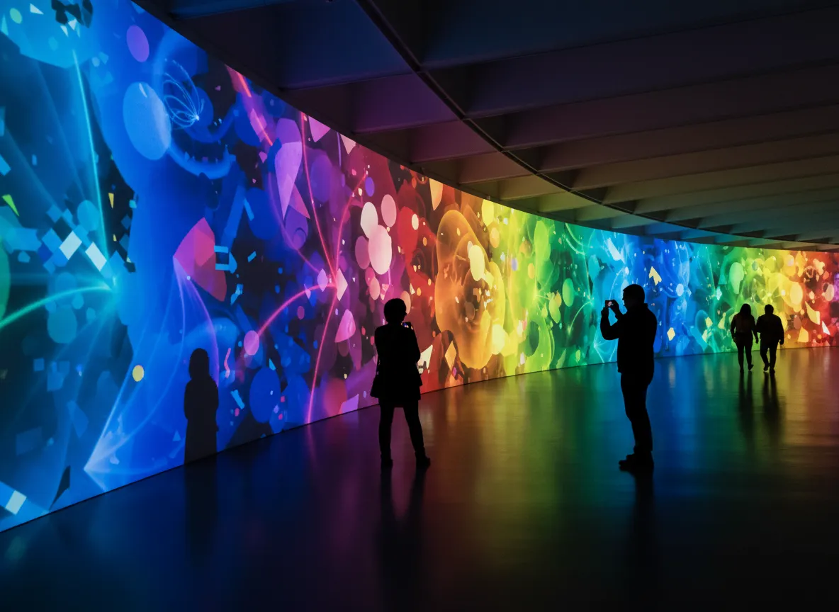 A colorful immersive light-art installation with visitors