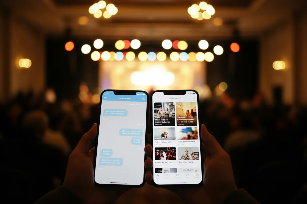 Two-product comparison held up at an event: a phone showing blue chat bubbles beside a phone showing an experiences marketplace feed