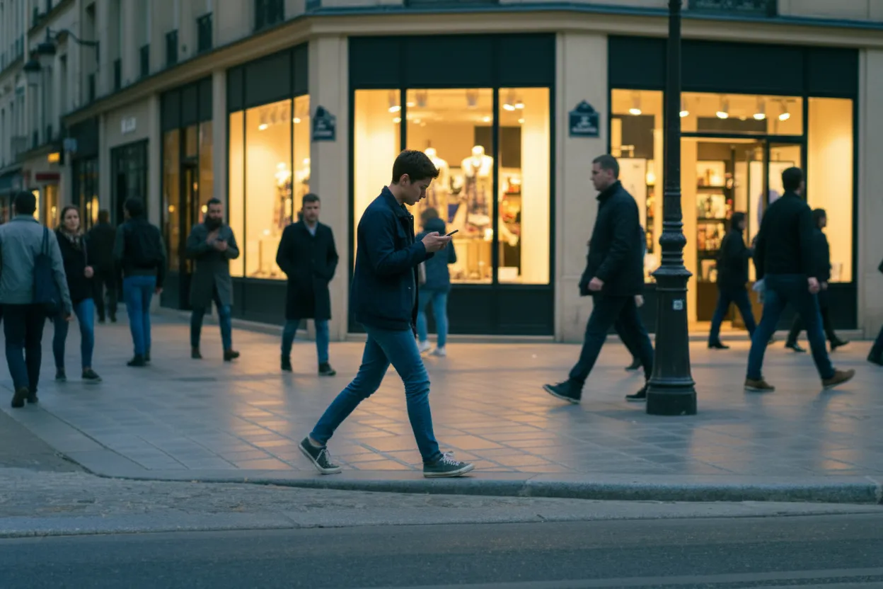 A person glancing at their phone while walking a busy city street at dusk