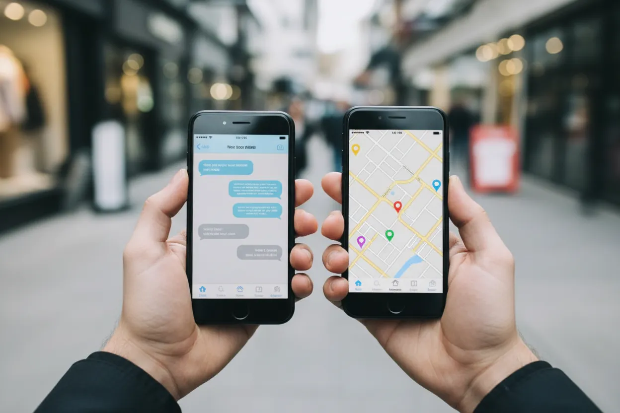 Two-product comparison on a city street: a phone showing blue chat bubbles beside a phone showing a pin-covered map