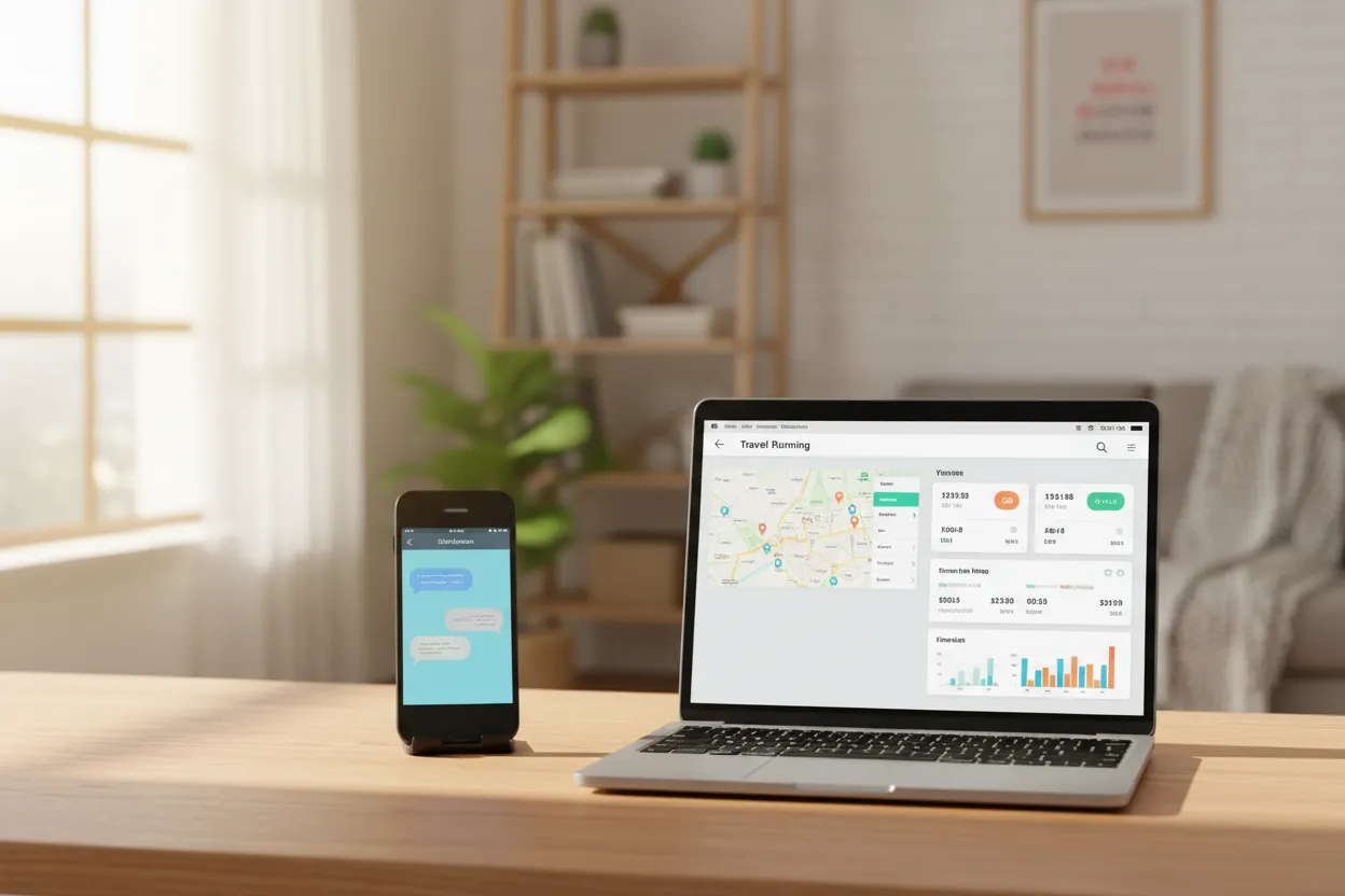 Two-product comparison at home: a phone showing blue chat bubbles beside a laptop showing a flights-and-hotels trip planner