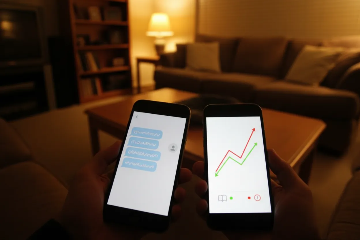 Two-product comparison at home: a phone showing blue chat bubbles beside a phone showing a flight price-prediction chart