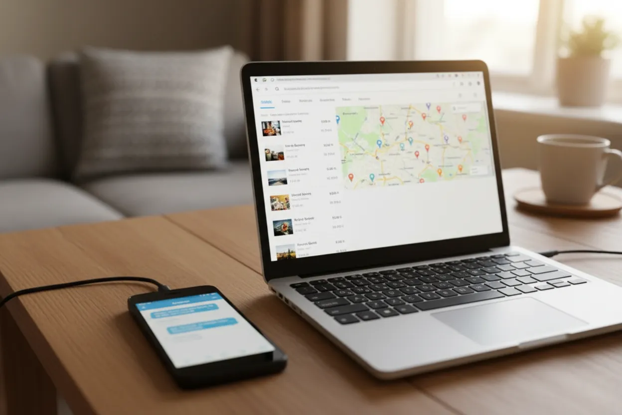 Two-product comparison at home: a phone showing blue chat bubbles beside a laptop showing a flight-and-hotel metasearch results page