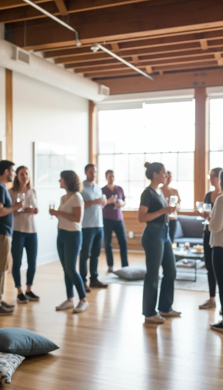 A relaxed community meetup with people mingling in a bright loft space