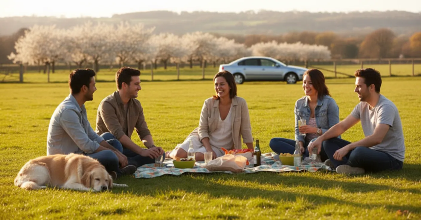 A relaxed group hangout at a park in warm afternoon light