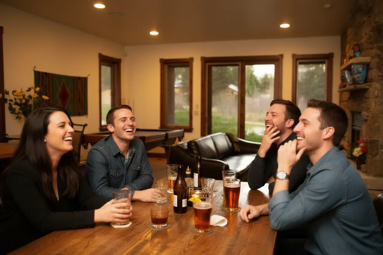 Friends laughing together at a casual neighborhood bar