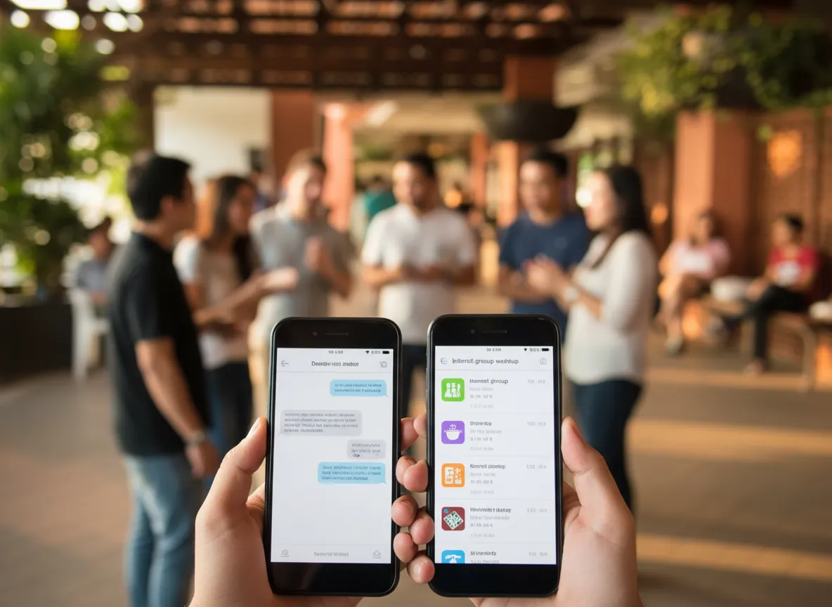 Two-product comparison at a casual hangout: a phone showing blue chat bubbles beside a phone showing a list of interest-group meetups