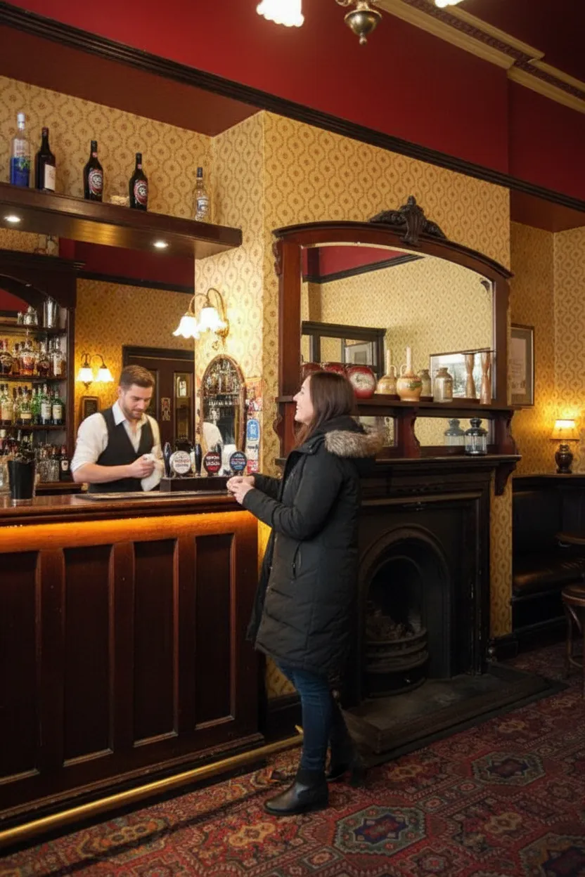 A cozy evening bar glowing warm as friends arrive