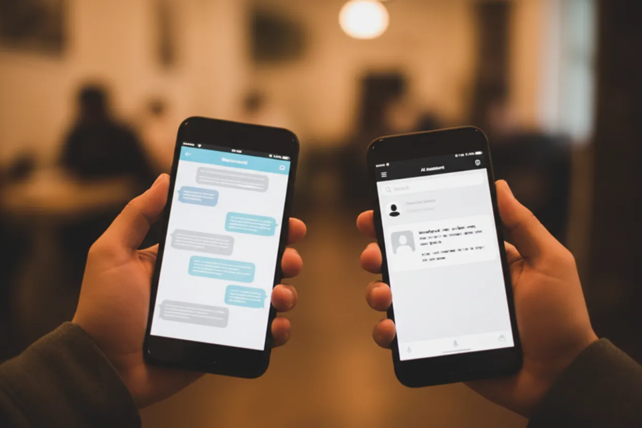 Two-product comparison at home: a phone showing blue chat bubbles beside a phone showing a general AI assistant chat inside a social app