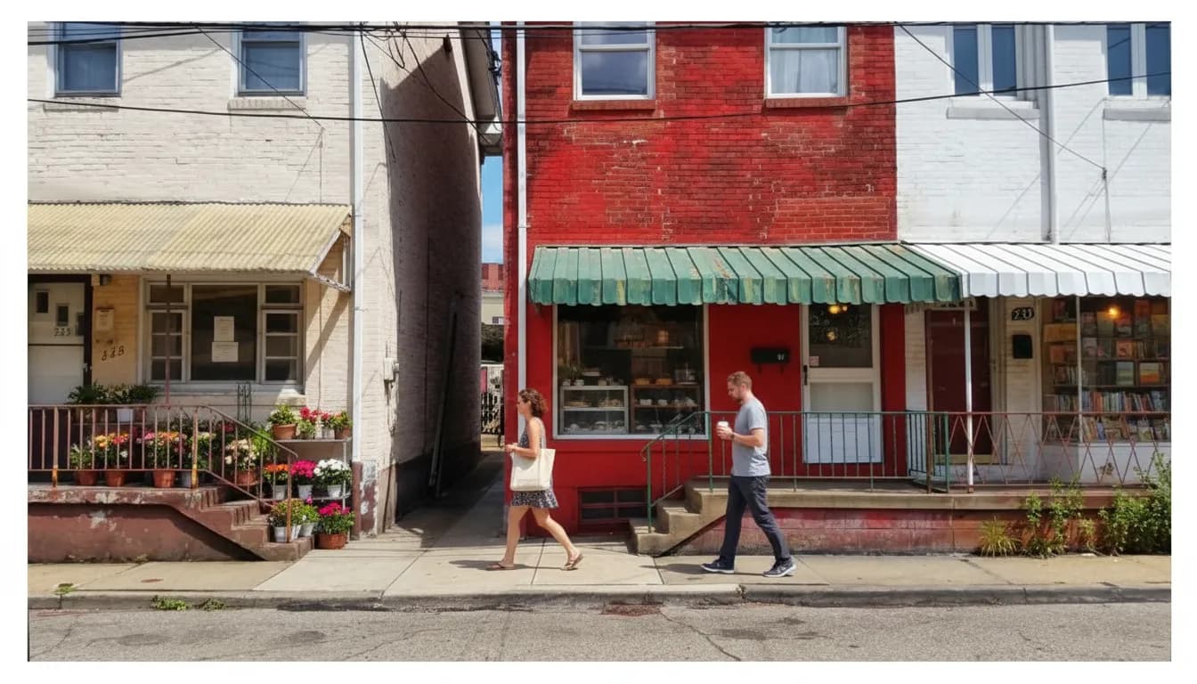 A charming residential neighborhood street with small shops in daylight