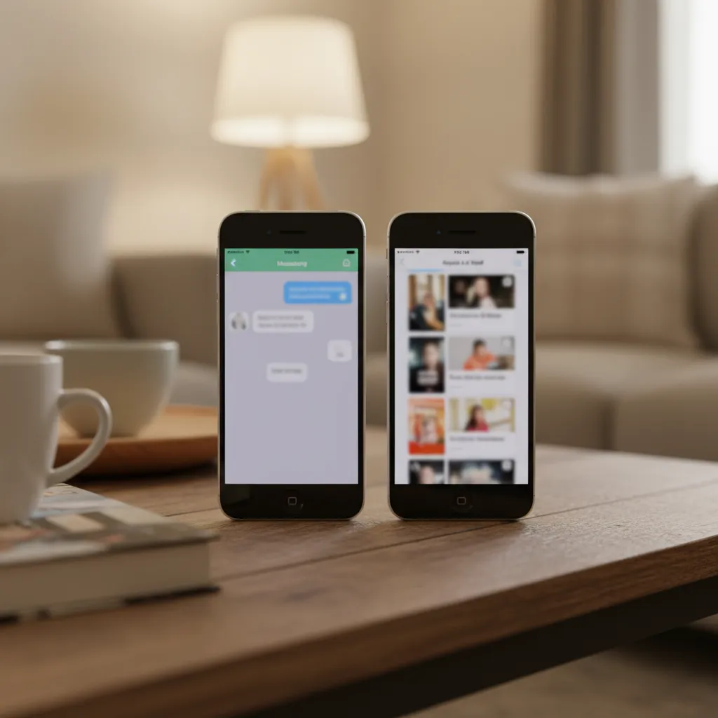 Two-product comparison at home: a phone showing blue chat bubbles beside a phone showing a neighborhood social feed