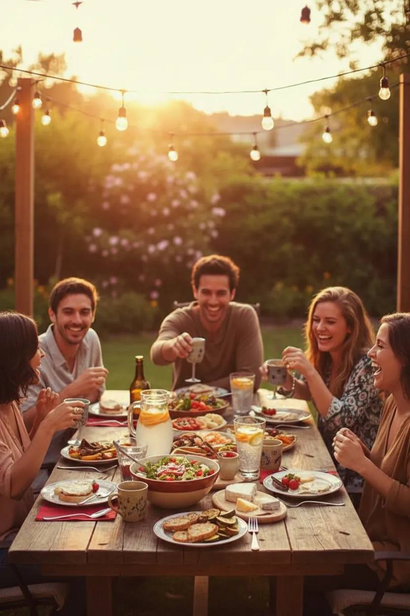 Friends gathered around a table at a lively backyard get-together