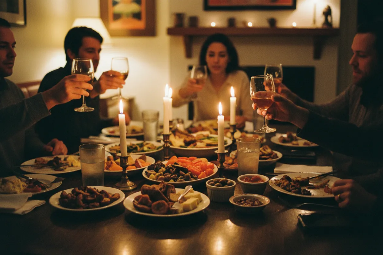 A warm dinner party scene with people toasting around a table