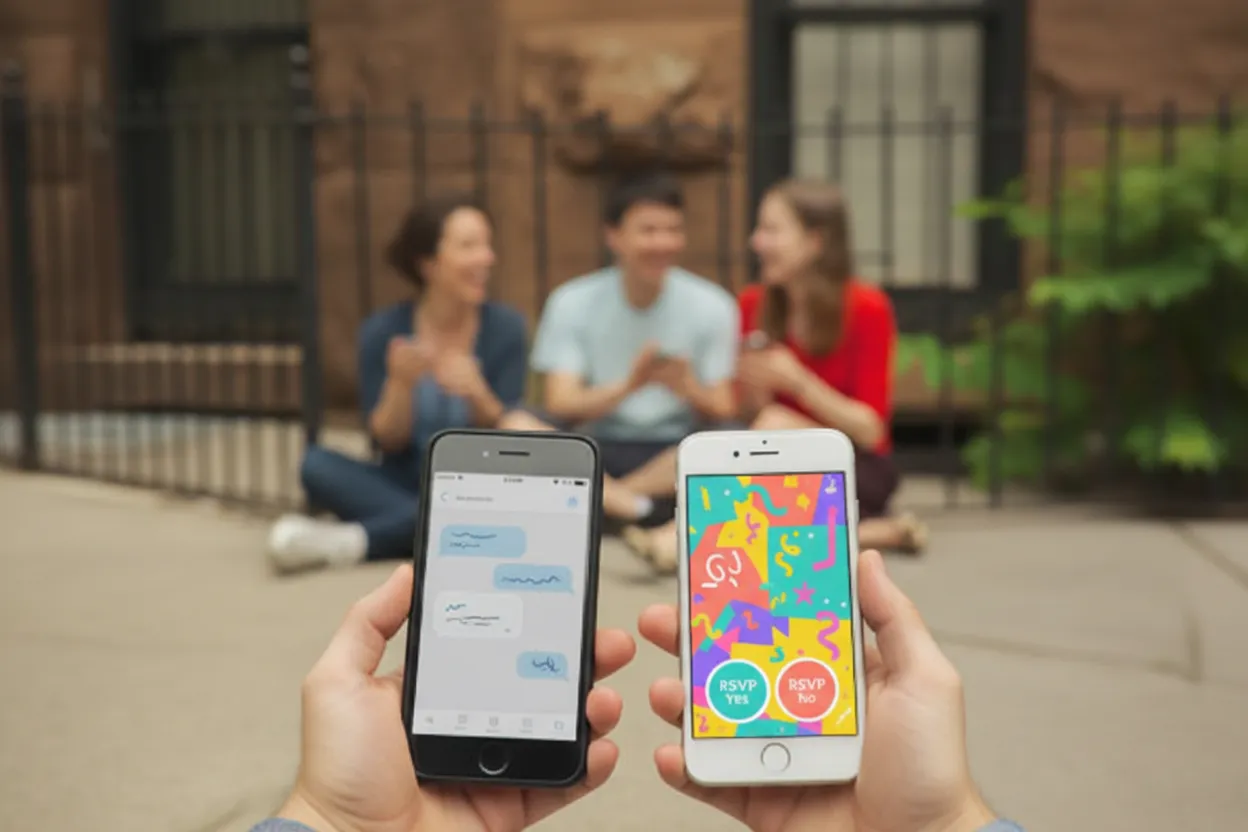 Two-product comparison in a group setting: a phone showing blue chat bubbles beside a phone showing a colorful event invite page