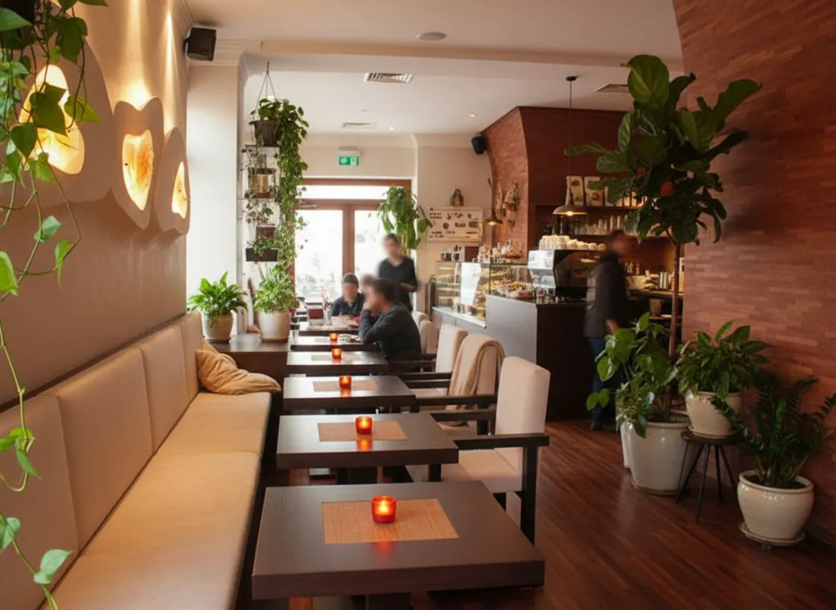 A dreamy, aesthetic cafe interior with soft natural light