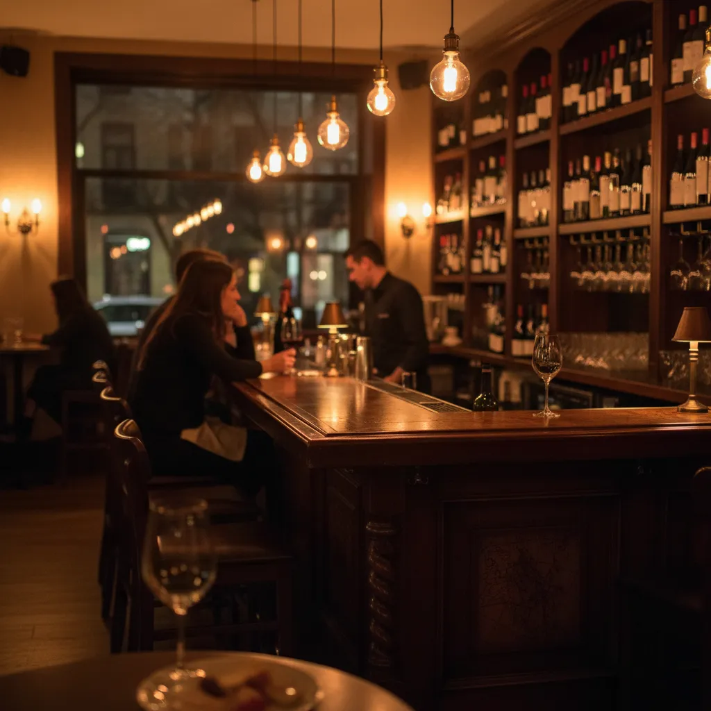 A real cozy wine bar at night, warm and inviting