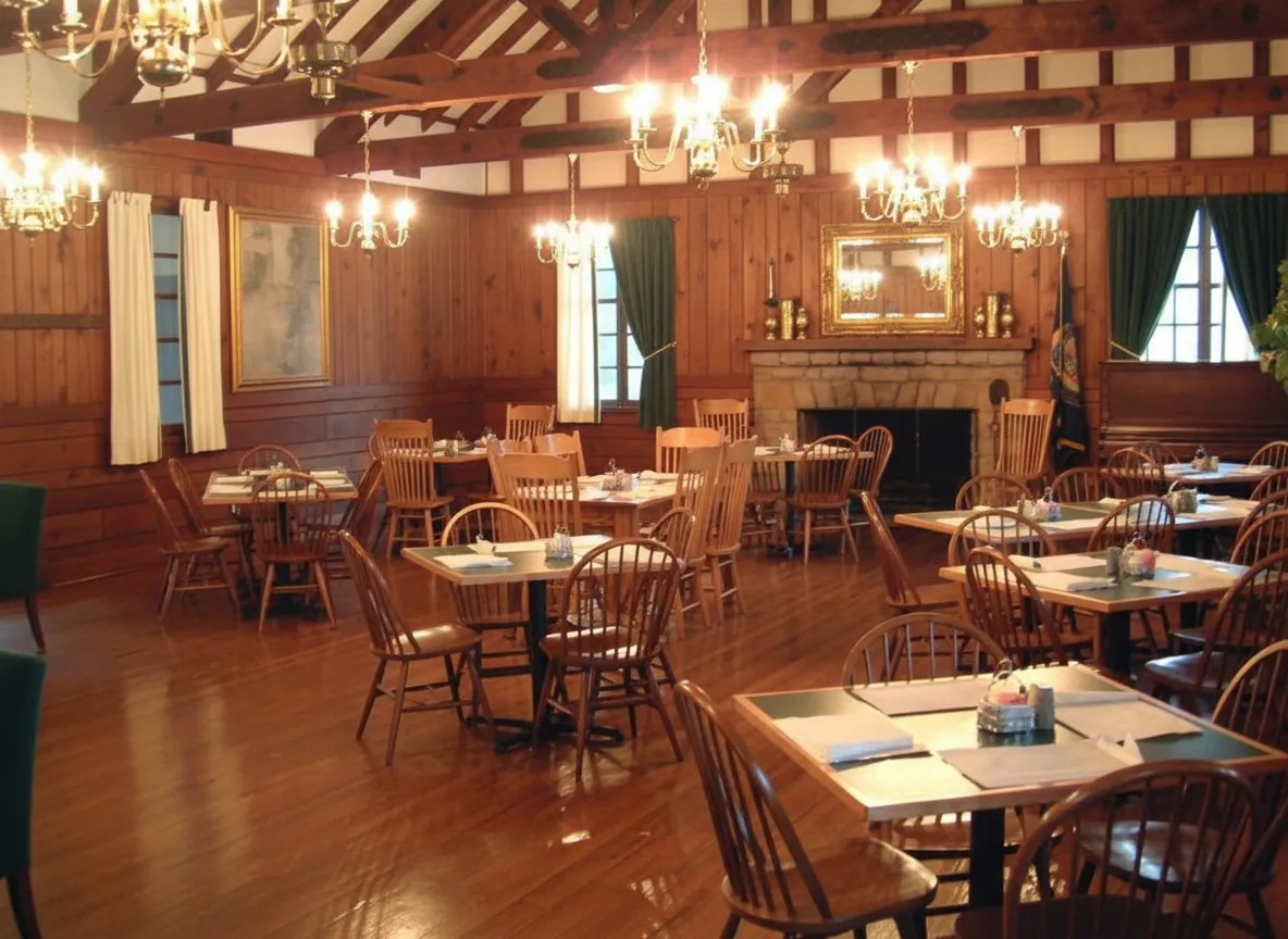 An intimate upscale dining room glowing warm in the evening