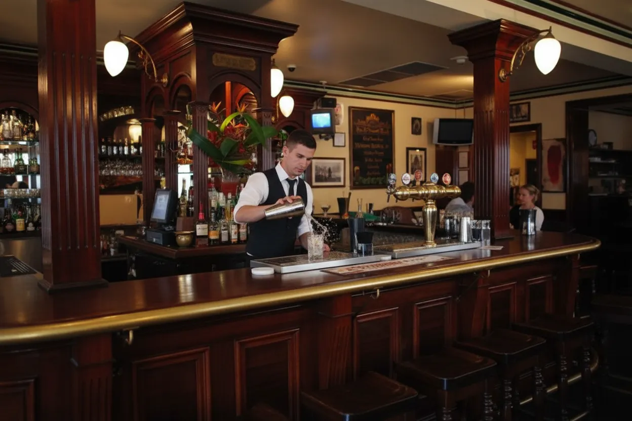 A cocktail bar counter with stools and softly lit bottles