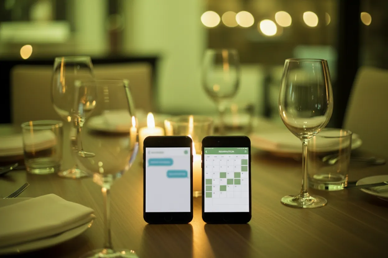 Two-product comparison at a set dining table: a phone showing blue chat bubbles beside a phone showing a reservation time calendar