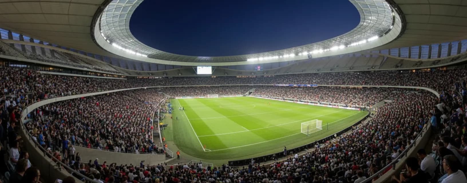 A packed sports arena glowing under bright lights