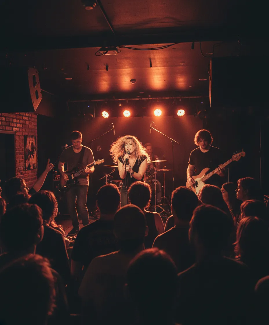 A lively small live-music room with a close crowd