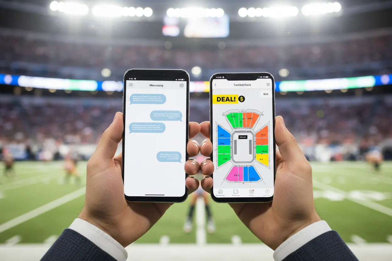 Two-product comparison at a venue: a phone showing blue chat bubbles beside a phone showing a ticket marketplace with a deal score