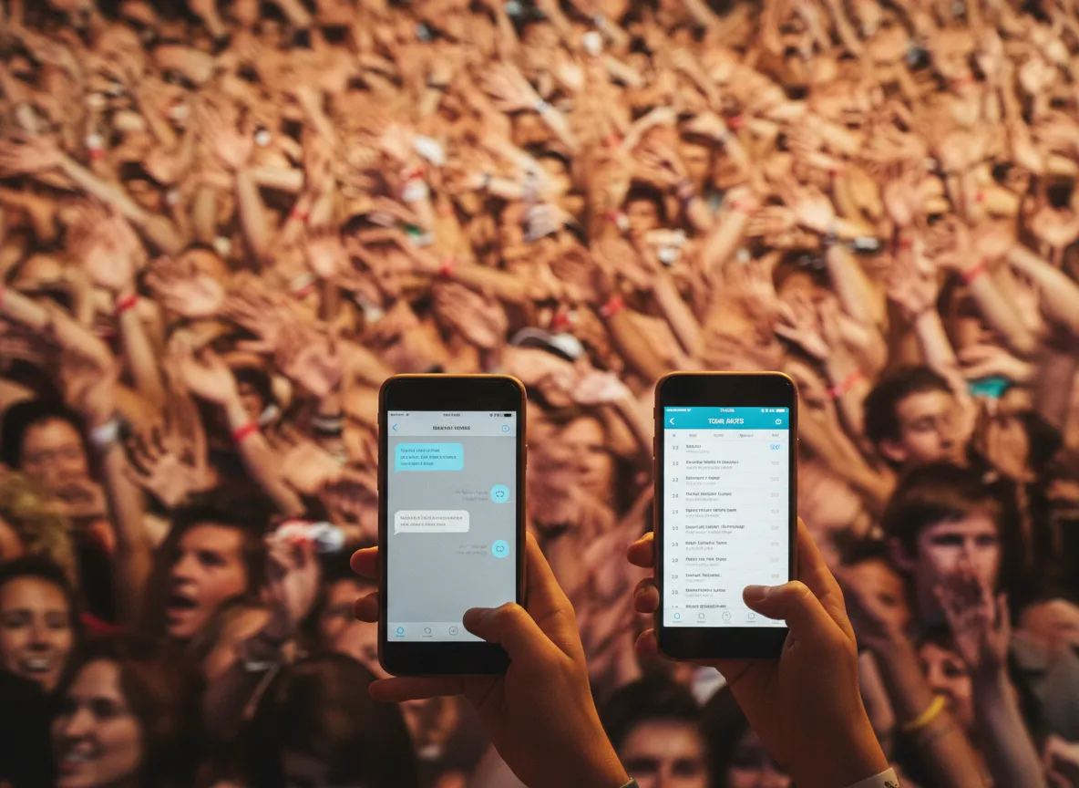 Two-product comparison at a show: a phone showing blue chat bubbles beside a phone showing an artist tour-date alert