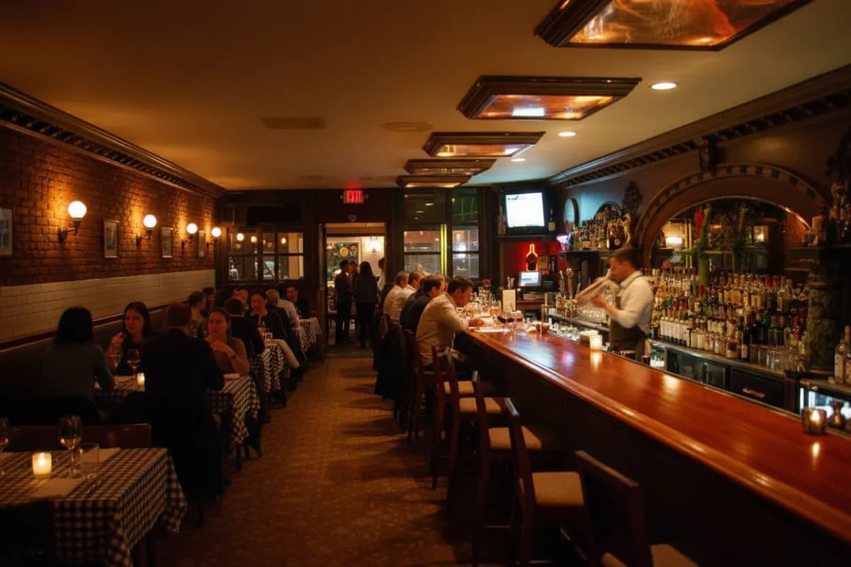 A characterful neighborhood restaurant interior with diners at warm-lit tables